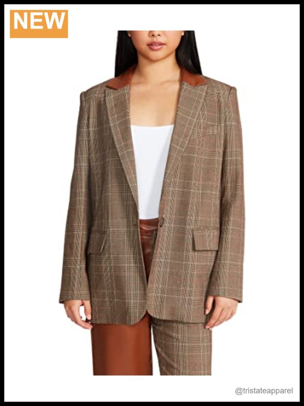 Steve Madden Women's Faux Leather Plaid Blazer Long Sleeve Button Front